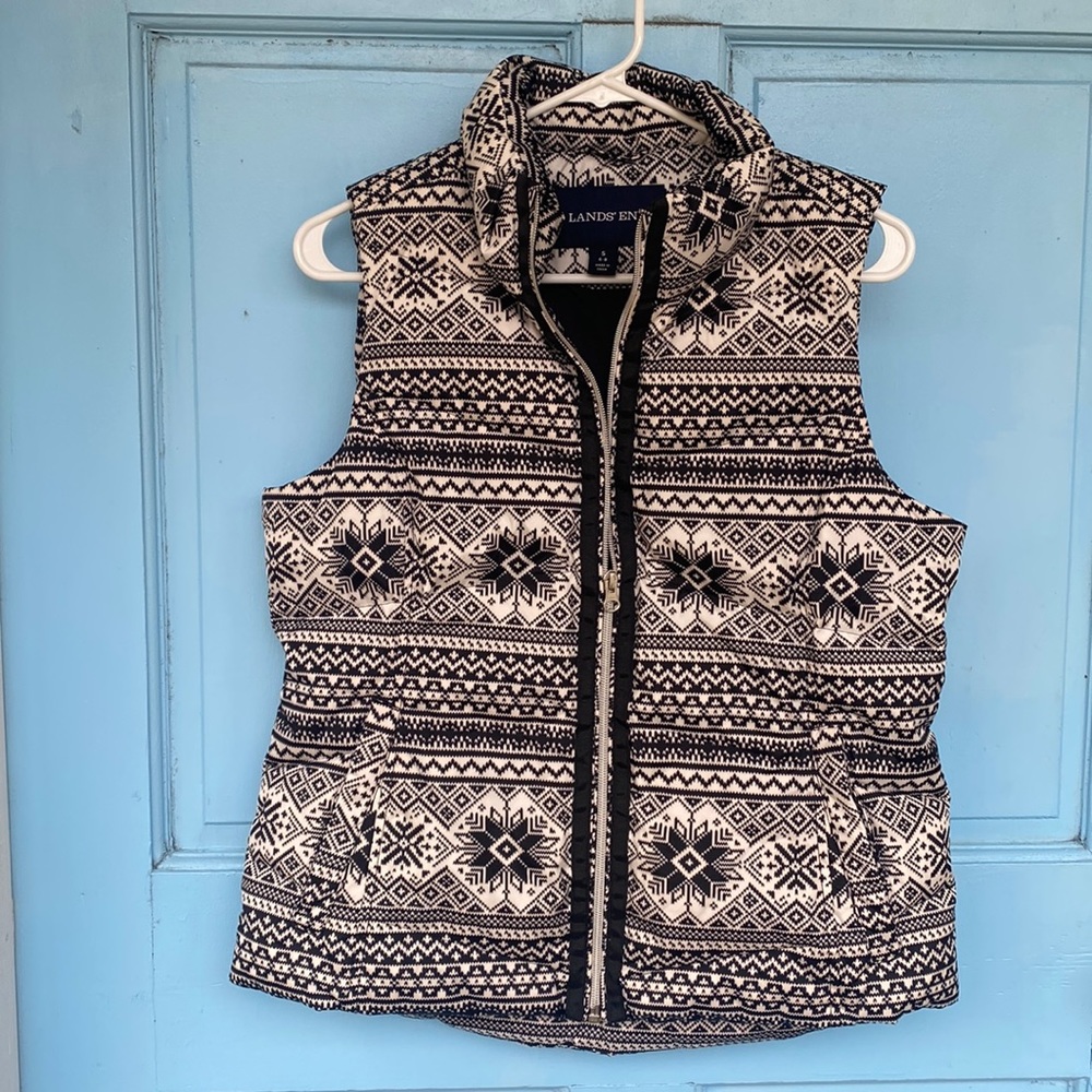 Lands' End Vest Black and White Fair Isle Zippered Down Women's  size s